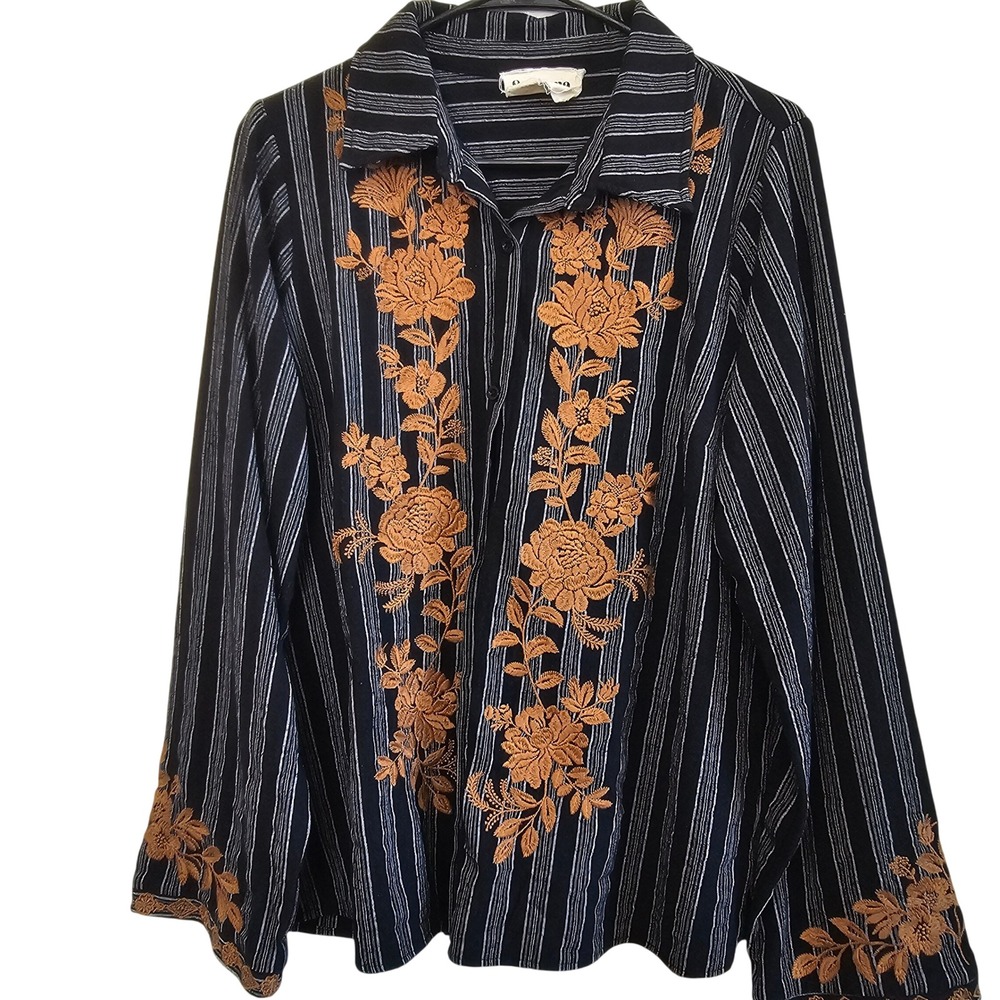 Savanna Jane‎ Womens Large Black Striped Floral Embroidered Button Down Shirt